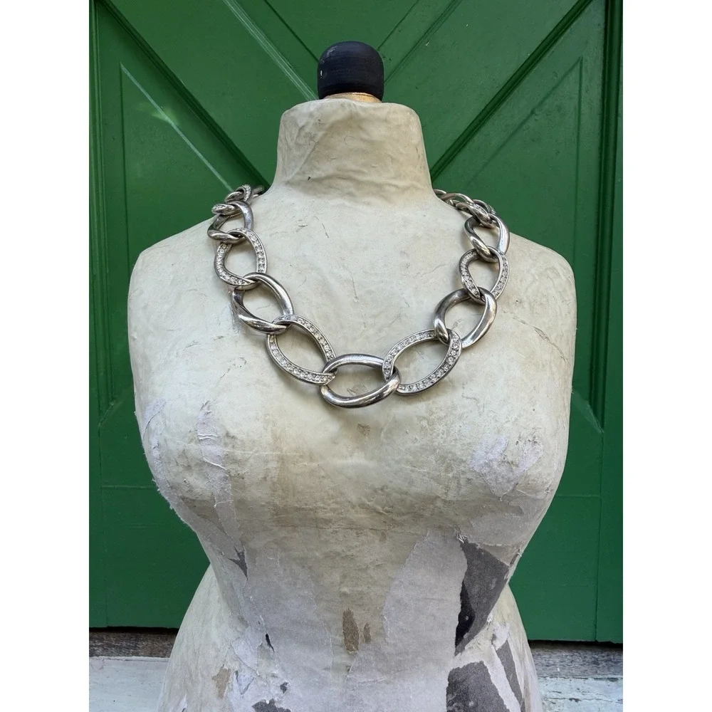 Rhinestone Silver Tone Chunky Chain Link Necklace with‎ Extender Glam Edgy Event - Picture 4 of 9